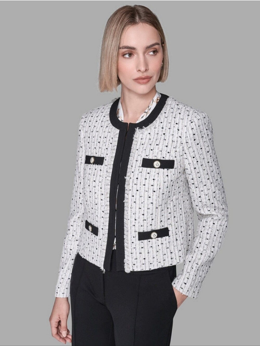 Karl Lagerfeld White & Black Tweed Cropped Blazer